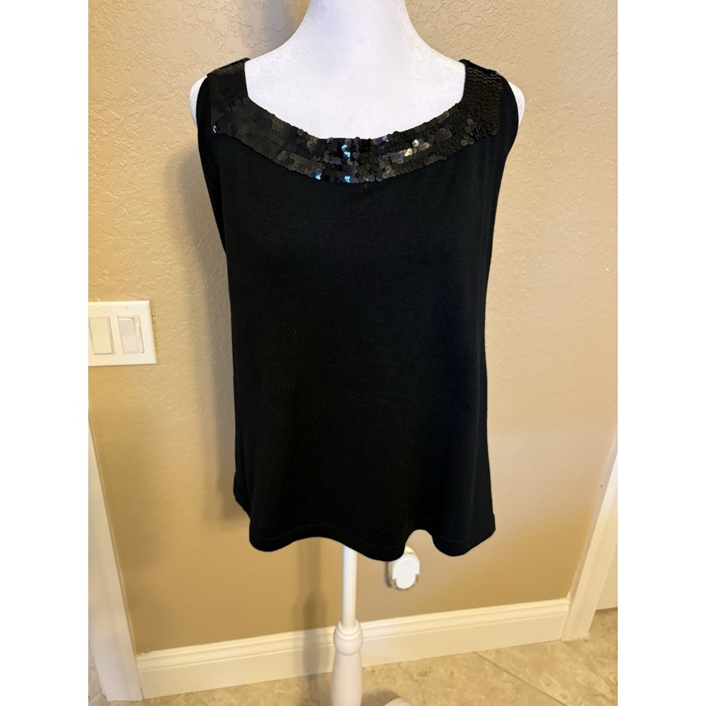 Jaeger, Saks Exclusive, Women's Black Knit Sequined Trim Sweater Tank, XL, Silk